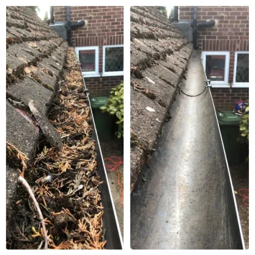 Side by side photos of gutters after they got cleaned of leaf blockage