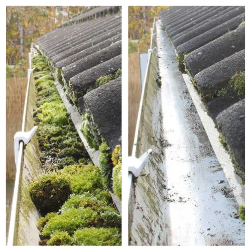 Side by side photos of gutters after they cleaned of green moss blockage
