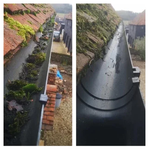 Side by side photos of gutters before and after they got cleaned from moss