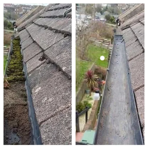 Side by side photos of gutters before and after they got cleaned of blockage