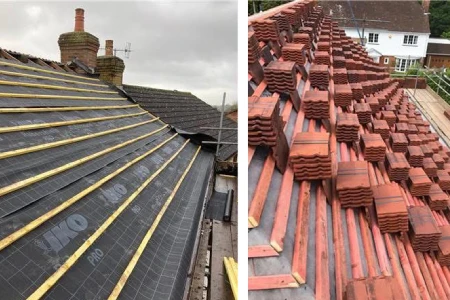 Slate roofing before, during replacement